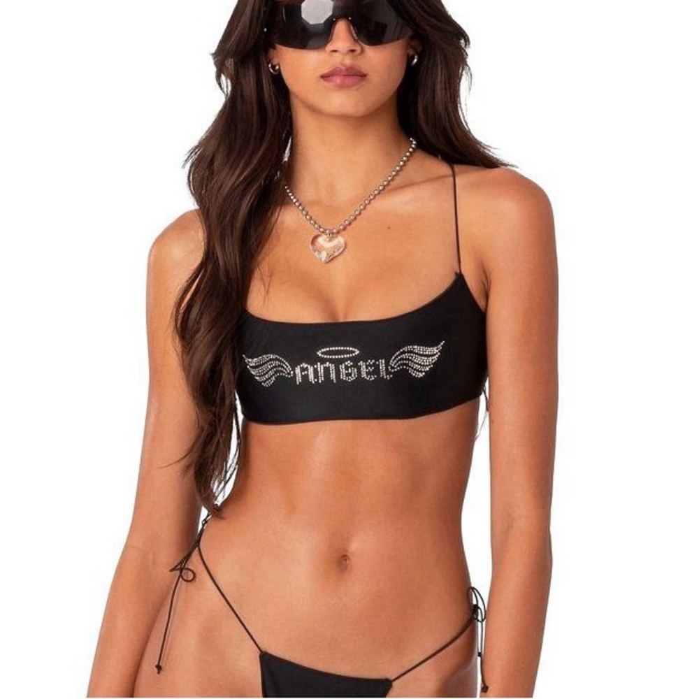 Angel Rhinestone Bikini Black